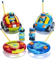 SBSG 2 Pack Cartoon Remote Control Cars - Police Car and Race Car - Radio Control Toys for Kids, Boys & Girls - Each with Different Frequencies So Bot