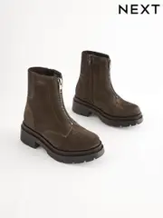Brown Suede Zip Front Chunky Boots (Q97885) | $36 - $43