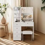 Dressing Table with Mirror Lighted Makeup Table with Shelves and Drawers, Dressing Table with 3 Lighting Modes and Stool