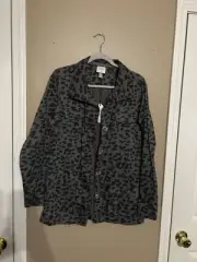 Knox Rose Jacket Womens Med Gray Leopard Collared Button-Up Military Style NWT