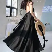 Spaghetti Strap Plain Bow Back Midi A-Line Dress Black - M
