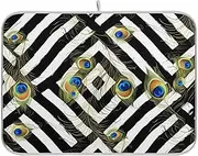 Vibrant Peacock Feathers Black White Striped Drying Dish Mat, Dish Drying Cloth Mat