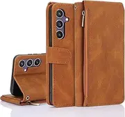 [GoshukunTech] for Samsung Galaxy S23 FE 5G Case,for Galaxy S23 FE 5G Wallet Case[ 8 Card Slots & 1 Zipper Coin Purse] Leather Wallet Flip Cover with Wrist Starp-Brown