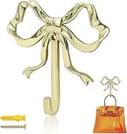 Gold Bow Hooks for Wall, Vintage Bowknot Brass Hooks for Hanging, Exquisite Gold Towel Hook for Bedroom Kitchen, Decorative Hooks for Purse Coat Hat (3.7 x 3.5 Inch) (Brass)