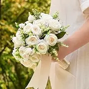 Annkin Wedding Bouquets for Bride Bridesmaid, 9 Inch Ivory Bride Bridal Bouquet Tossing Rustic Bouquet Artificial Roses for Wedding Church Home Decoration