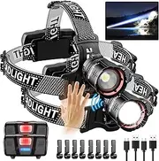 90000 Lumens LED Headlamp& 100H Using Time, USB Rechargeable Head lamp, 90° Adjustable Widebeam Motion Sensor Head Light with 5 Modes,Zoomable for Camping Running Hiking Hard Hat Headlamps 2pc