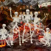 5 Pack Halloween Skeletons with 22 Spiders & Cobwebs - 16" Posable Decorations