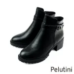 【PELUTINI】經典拉鍊釦環造型圓頭真皮短靴 黑色(337005W-BL)