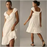 NWT Anthropologie Cap-Sleeve Lace-Up Babydoll Dress In White Medium