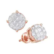 14k Rose Gold Princess Round Diamond Fashion Cluster Earrings 1/2 Cttw