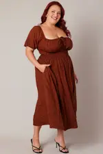 Brown Geo Midi Dress Short Sleeve Ruched Bust