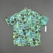 Blue Ginger Shirt Mens Small Blue Green Floral Rayon Button Up Hawaiian Casual
