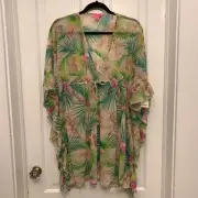 BETSEY JOHNSON BEACH PALM TREE PRINT SEXY MESH DRESS SWIM COVER UP SIZE XS