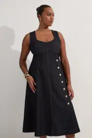 Plus Size Tailored Denim Sleeveless Full Skirted Midi Dress
