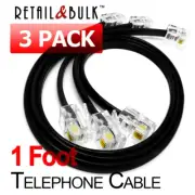 ( 3 Pack ) 1 Foot Short Telephone Cable RJ11 (6P4C) 12in Phone Line Cord, Black