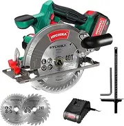 Hychika Cordless Circular Saw, 18 V Circular Saw with 4.0 Ah Rechargeable Battery, 2 x Saw Blades 165 mm, Max Cutting Depth 53 mm (90°)/36 mm (45°), Battery Saw with Guide Rail