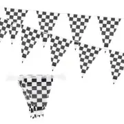98 FT Checkered Flag Banner String, Black White PE Triangle F1 Racing Car Decor