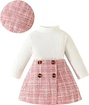 [KMBANGI] Toddler Girl Skirt Set Knitted Ribbed Long Sleeve T-Shirt Tops Plaid Tweed Pattern Skirt Beret Fall Winter Clothes