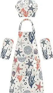 AIXIWAWA Kids Apron Chef Hat Set, Child Kitchen Bib Aprons Adjustable for Cooking Baking Painting (Summer Beach)
