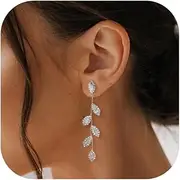 [FASHGOOD] 925 Sterling Silver Leaf Drop Earrings for Women, Hypoallergenic Earrings Wedding Bridal Earrings Cubic Zirconia Crystal Long Dangle Earrings Gold Silver Drop Earrings for Women Girls