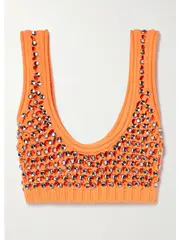 [Diotima] Diotima - Lady Cropped Beaded Crocheted Cotton-blend Top - Orange - 2 2 Orange