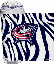 Rico Industries NHL Hockey Columbus Blue Jackets Zebra Stripes 24oz Acrylic Glitter Tumbler with Hinged Lid, Officially Licensed Double Wall Tumbler with Straw