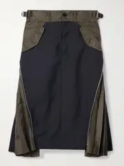 [Sacai] Sacai - Paneled Crepe, Shell And Pleated Satin Midi Skirt - Navy - 3 3 Blue