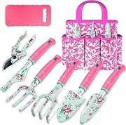 Gardening Tools, 8 Pcs Heavy Duty Floral Garden Tool Set Birthday Gifts for Women WANCHI Rose Red Gardening Kit (Garden Tool Bag Kneeling Pad Weeder Fork Hand Rake Pruning Shears Trowel Transplanter)