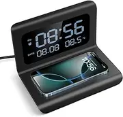 Digital Alarm Clock with Wireless Charging, 15W Fast Wireless Charger Station for iPhone/Samsung Galaxy/LG/Google, Alarm Clocks Bedside, LED Display with Temperature, 12/24H Clock,Black
