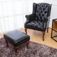 在飛比找momo購物網優惠-【BODEN】美式復古風黑色皮沙發單人座椅+腳椅凳