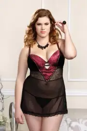 iCollection lace overlay babydoll + g-string Coral and Black Style 8193 Size 3X