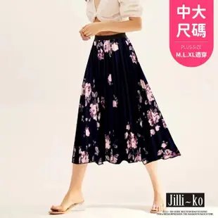 【JILLI-KO】鬆緊腰時尚碎花百褶A字長裙-F(黑)