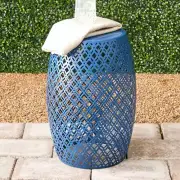Stylish Blue Metal Barrel Porch/Patio Home Stool Side/End Accent Table
