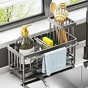 Kitchen Sink Caddy with High Brush Holder, Rustproof 304 Stainless Steel Kitchen Sink Organiser with Auto-Drain, 360° Swivel Spout, Sponge Holder with Removable Divider