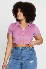 Pink Crop Top Terry Short Sleeve Button Front