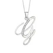 Sterling Silver Rhodium Plated Script Initial Letter G With Diamonds On 18 Inch Chain ( 0.05 Tcw)