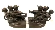 Vintage Bronzed Bookends 4 Children Playing Tug Of War Wood Base 6" Tall VG Cond
