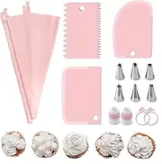 Ai-OUMLEEF Piping Bags, Piping Bags and nozzles, Icing Piping kit,Nozzles Set with Converter, Premium Stainless Steel Piping Nozzles for Decorating Cakes & Cupcakes(15pcs Pink)
