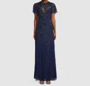 $595 Aidan Mattox Women's Blue Beaded Crewneck Gown Dress Size US 18