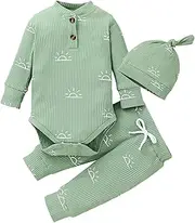 [Derouetkia] Baby Boys Clothes Newborn Ribbed Long Sleeve Romper with Sun Pattern + Pants + Hat Outfits Set