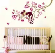 WallStickersUSA Wall Sticker Decal, Hanging Monkey with Pink Flowers