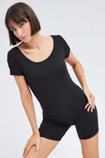 Black Romper Short Sleeve Scoop Neck Activewear - Size S, Women's Romper