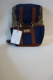 NWT Sword & Plough Olive Green & Blue W/Brown Leather Trim Backpack