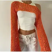 Bell Sleeve Plain Crochet Knit Crop Top Tangerine - S