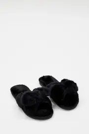 Black Plush Faux Fur Bow Detail Slippers