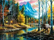 country scene with elk log cabin fishing wildlife ceramic tile mural backsplash