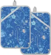 Pot Holders Heat Resistant Elegant Flower Blue Potholders for Kitchens with Pockets Hot Pan Holder Oven Mitts 2 Pack