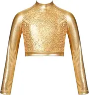 [Yihuimin] Girls Sequins Dance Crop Top Long Sleeve Mock Zip Beck Camisole Hiphop Jazz Shirts