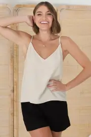 Emah Cami - Relaxed V Neck Adjustable Strap Top in Oat
