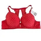 Cacique Front Close Cotton Boost Plunge Bra size 44B Polka Dot Red Lace
